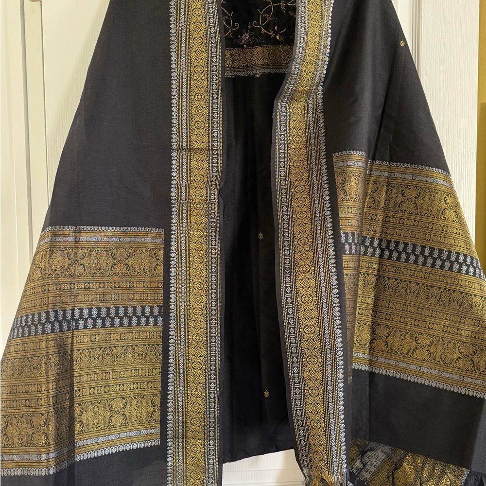 Black & Gold Embroidered Banarasi Salwar Suit on silk.